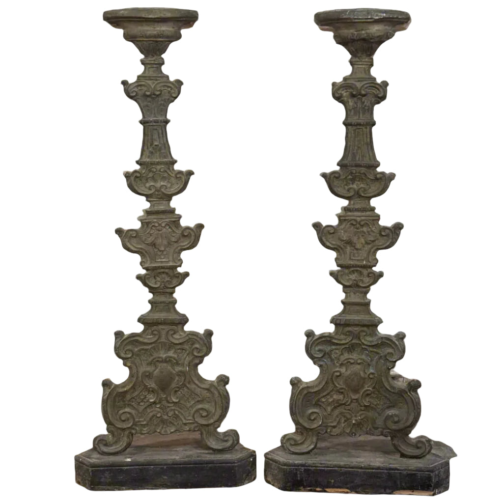 Pair of Antique Italian Candlesticks with Silvered Copper face | Circa 1740-Suzie Anderson Home