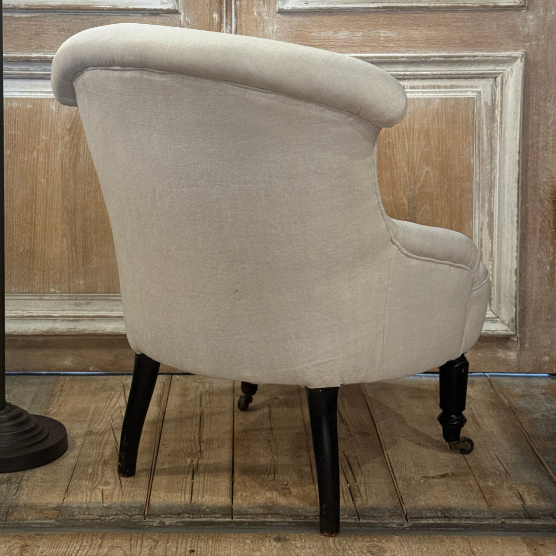 French Antique Fireside Chair | Re-Upholstered in Stonewashed Linen