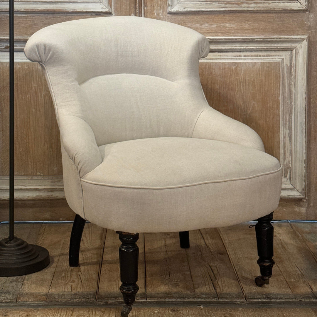 French Antique Fireside Chair | Re-Upholstered in Stonewashed Linen