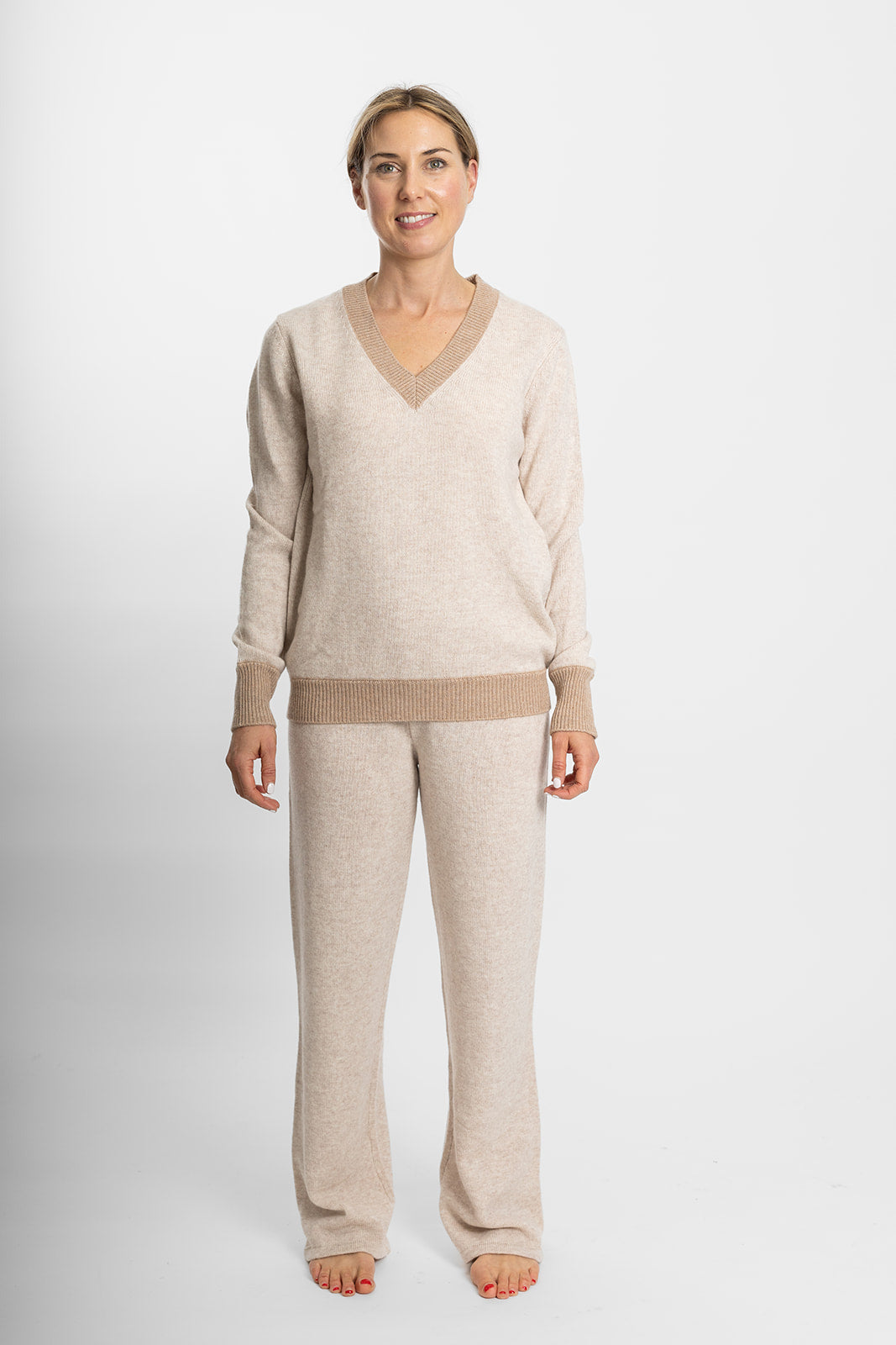 Bow |  Ribbed V Neck Jumper | Cashmere Merino  | Oatmeal with Camel V