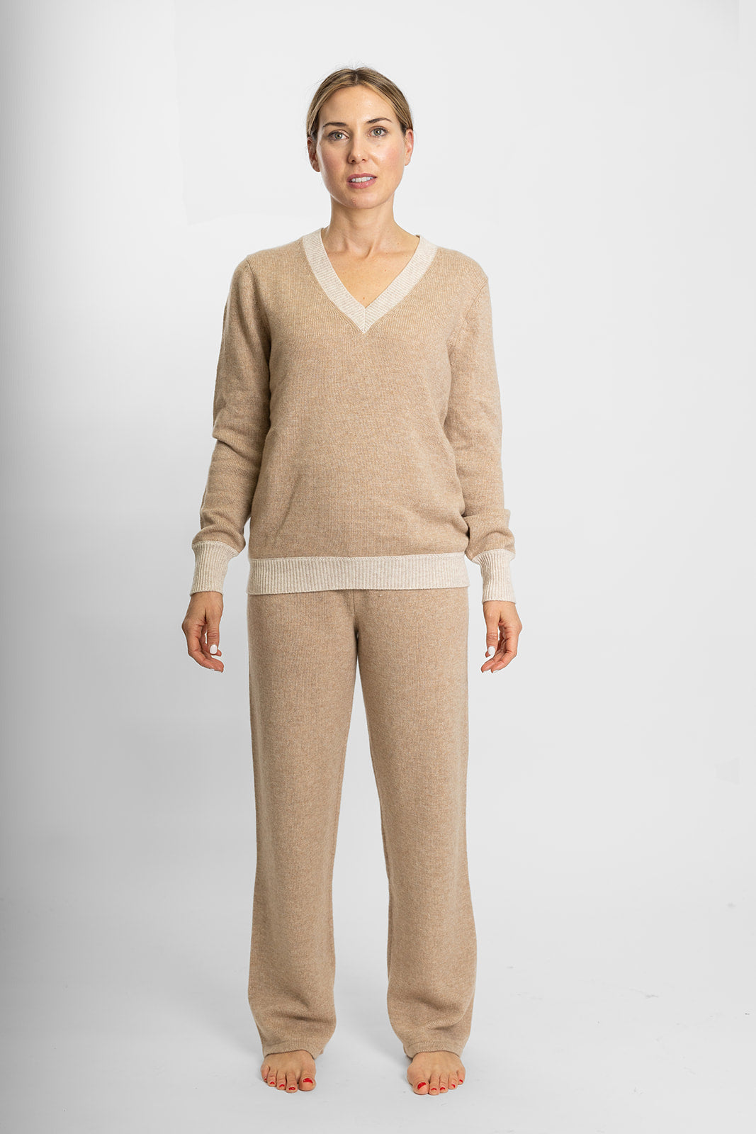 Bow |  Ribbed V Neck Jumper | Cashmere Merino  | Camel with Oatmeal V