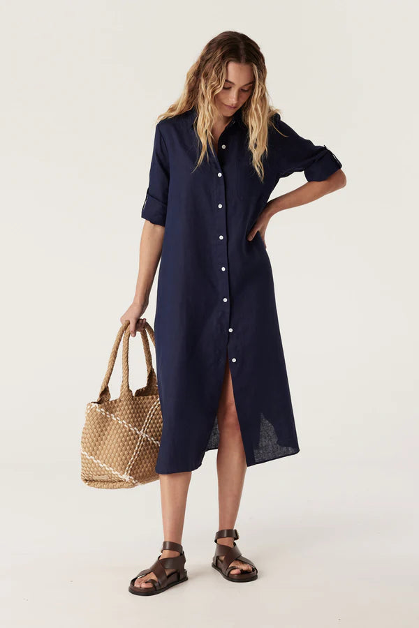 Cable | Pure Linen Shirt Dress | Navy Chambray