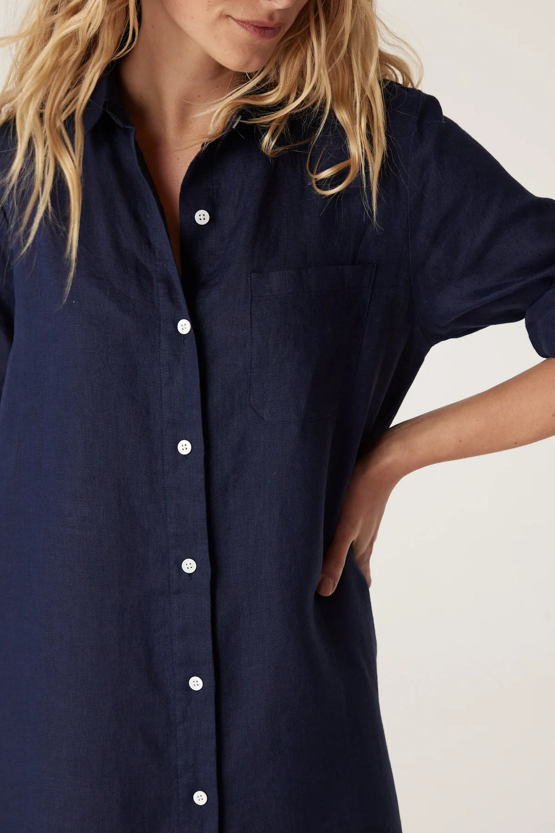 Cable | Pure Linen Shirt Dress | Navy Chambray