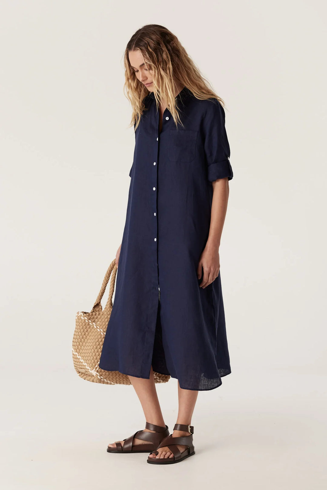 Cable | Pure Linen Shirt Dress | Navy Chambray