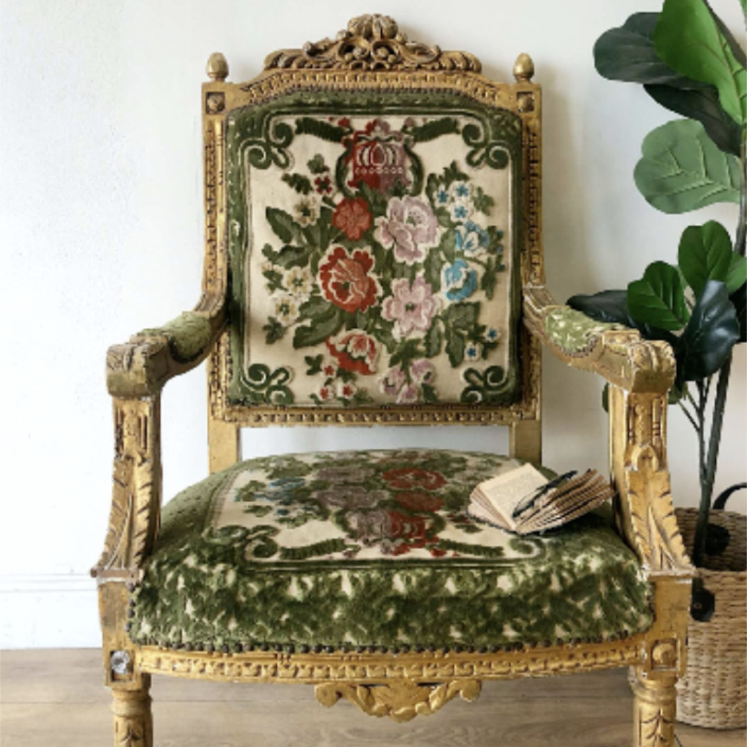 Antique French Gilt Armchair Louis XVI style with Cut Velvet Upholstery-Suzie Anderson Home