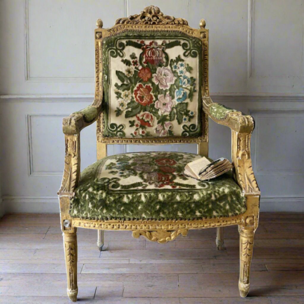 Antique French Gilt Armchair Louis XVI style with Cut Velvet Upholstery-Suzie Anderson Home