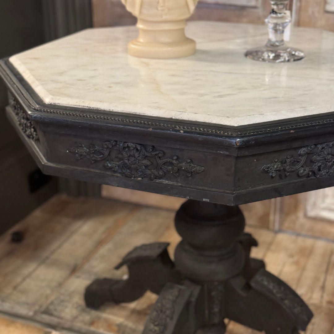 Antique French Pedestal Table painted black with Marble Top-Suzie Anderson Home