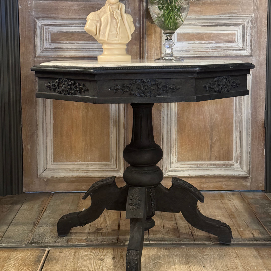 Antique French Pedestal Table painted black with Marble Top-Suzie Anderson Home