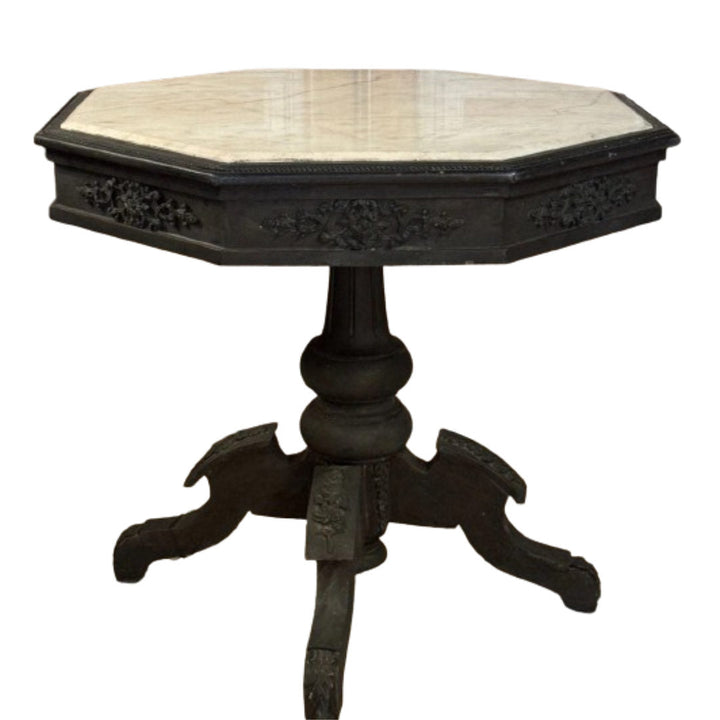 Antique French Pedestal Table painted black with Marble Top-Suzie Anderson Home