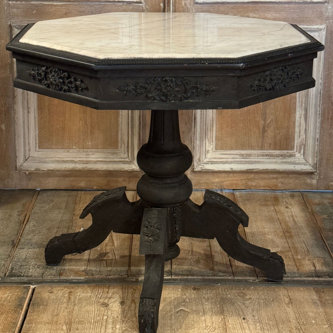 Antique French Pedestal Table painted black with Marble Top-Suzie Anderson Home