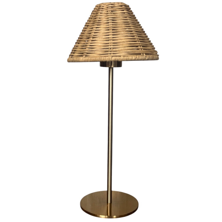 Portable LED Lamp with Brass Pole w Rattan Shade