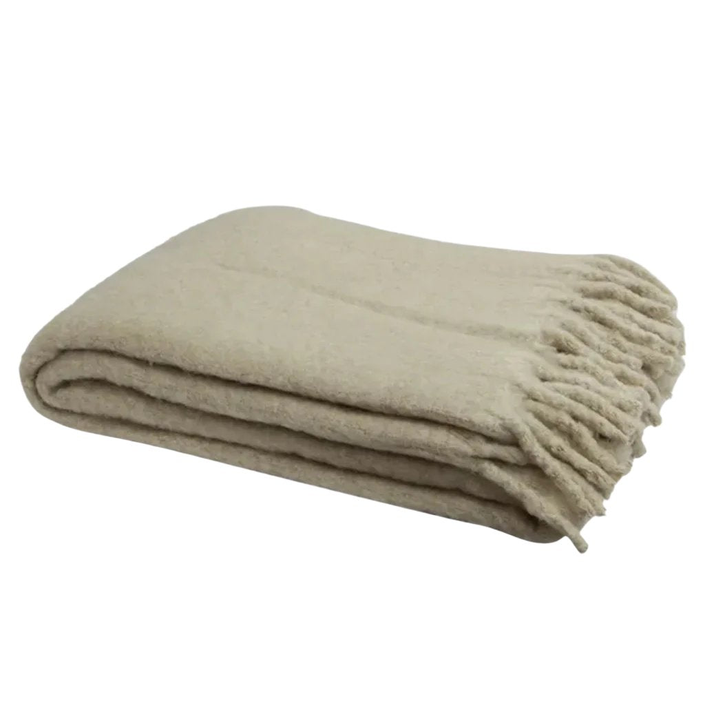 Biscuit Solid Fringed Wool Acrylic Blend Throw | 125 x 150cm-Suzie Anderson Home