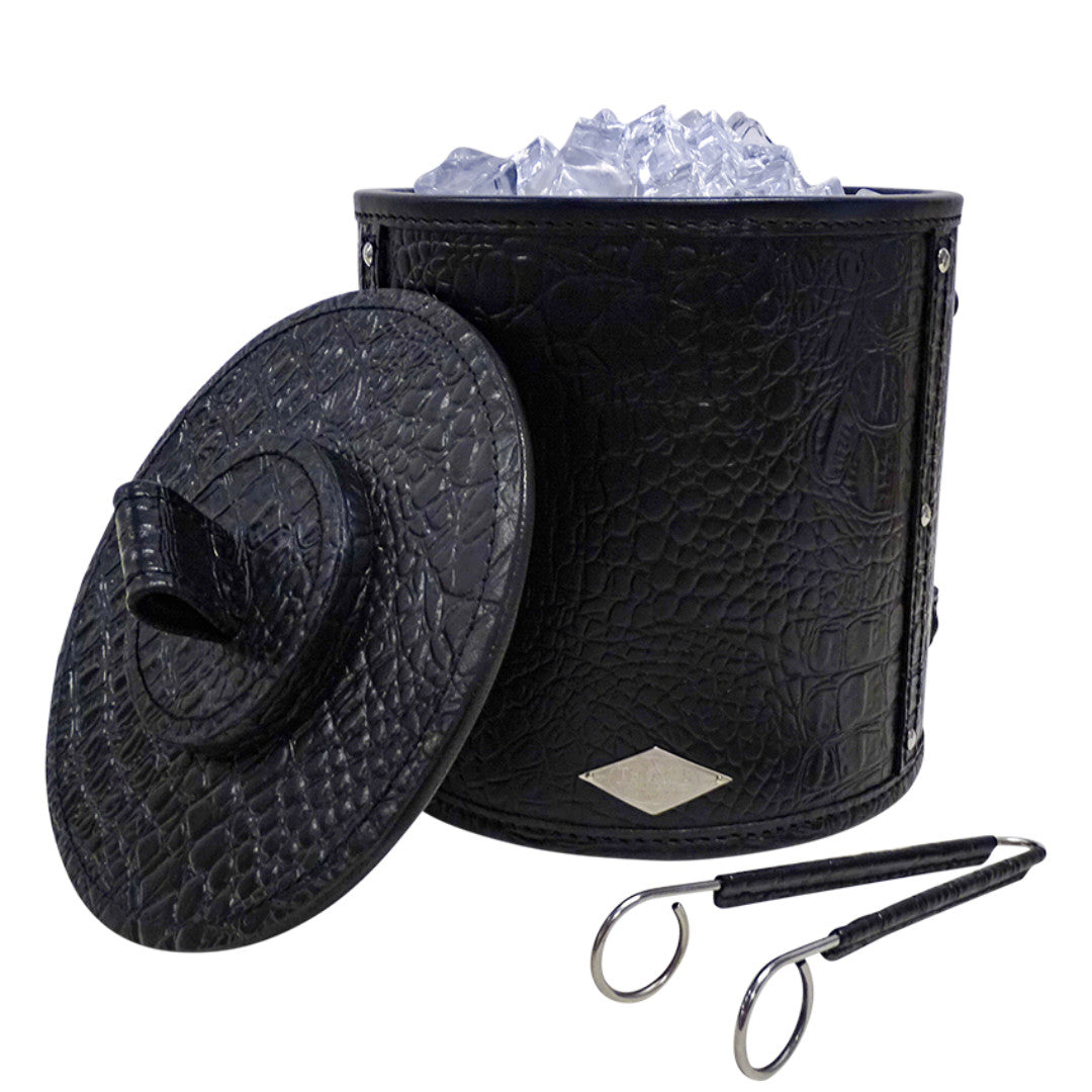 Black Crocodile Leather Ice Bucket & Tongs-Suzie Anderson Home