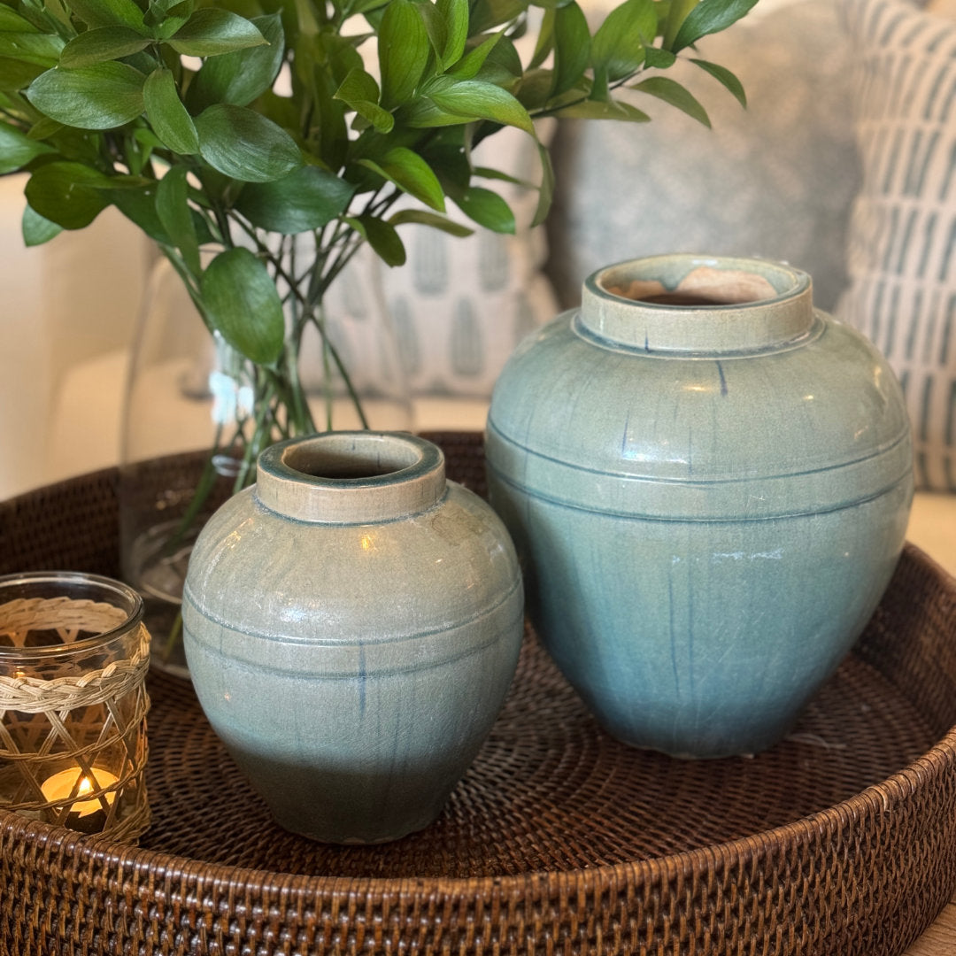 Chinese Pale Blue Stripe Ceramic Vase | Large-Suzie Anderson Home