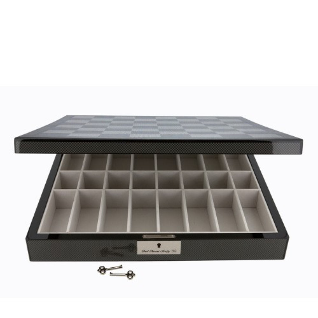 Dal Rossi Chess Set | 20" Carbon Fibre Lockable w Copper & Gunmetal Grey Pieces-Suzie Anderson Home