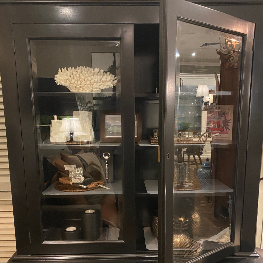 Highgate 2 Door Display Cabinet | Solid Base Doors | Glass Top Doors | Black | W126 x D49 x H205cm **INCL PREM DEL-Suzie Anderson Home