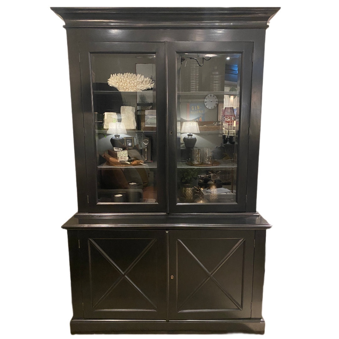 Highgate 2 Door Display Cabinet | Solid Base Doors | Glass Top Doors | Black | W126 x D49 x H205cm **INCL PREM DEL-Suzie Anderson Home