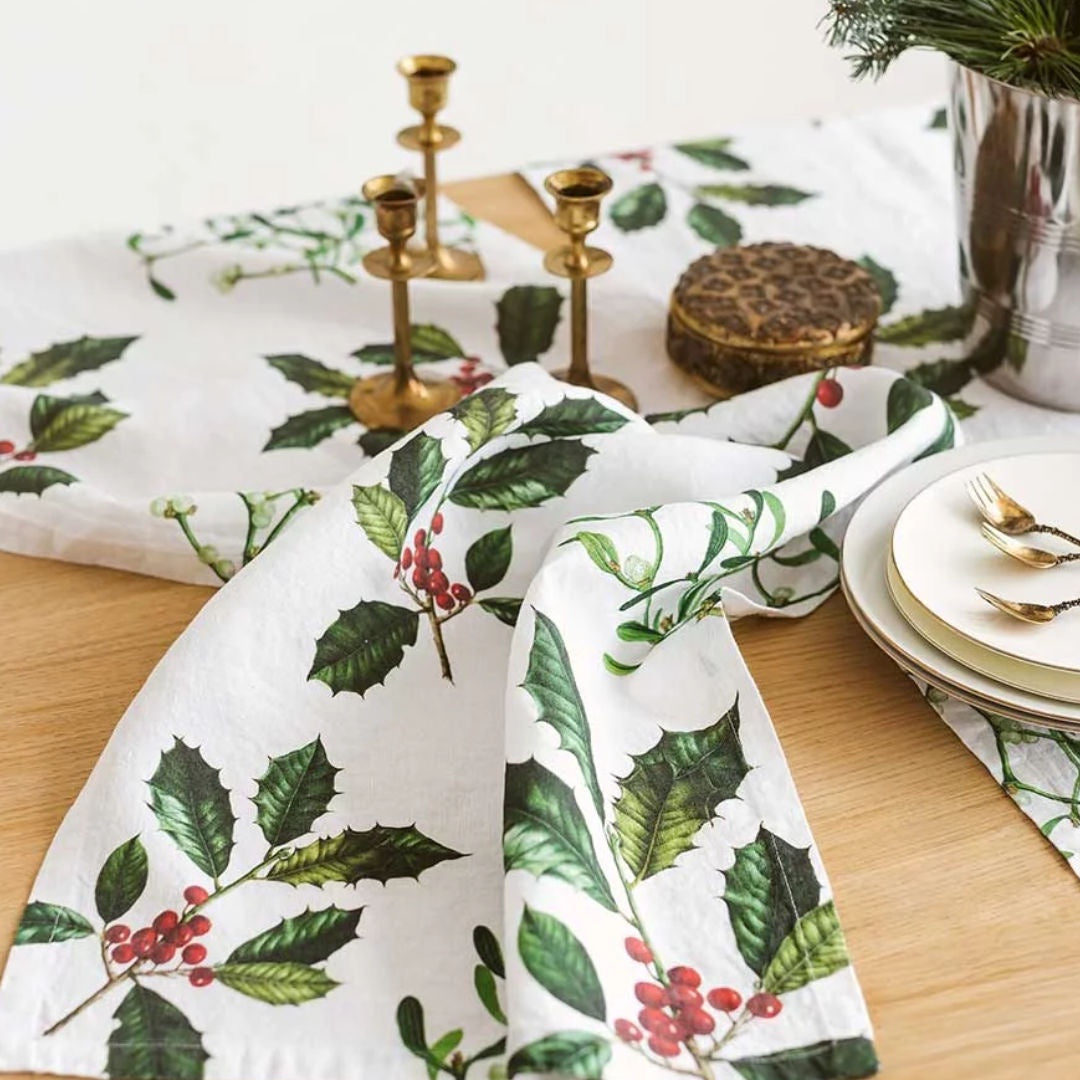 Holly & Mistletoe Linen Table Runner | 48 x 136cm-Suzie Anderson Home