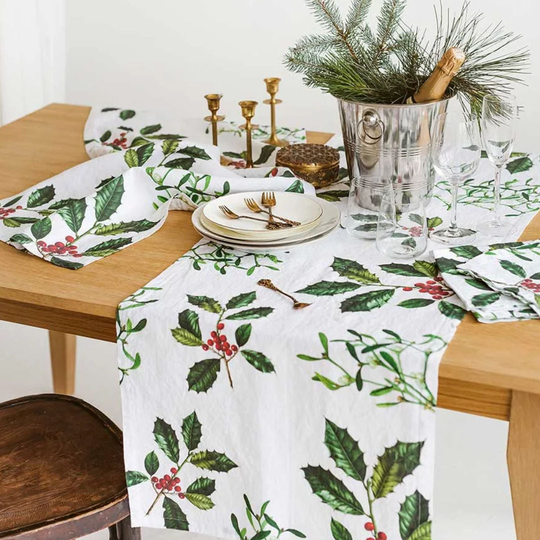 Holly & Mistletoe Linen Table Runner | 48 x 136cm-Suzie Anderson Home