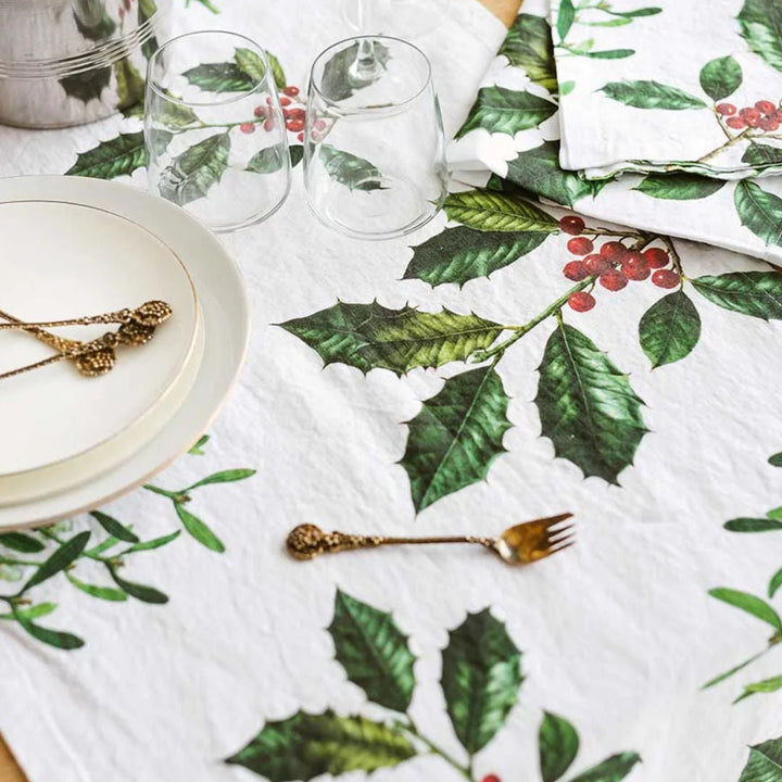 Holly & Mistletoe Linen Table Runner | 48 x 136cm-Suzie Anderson Home