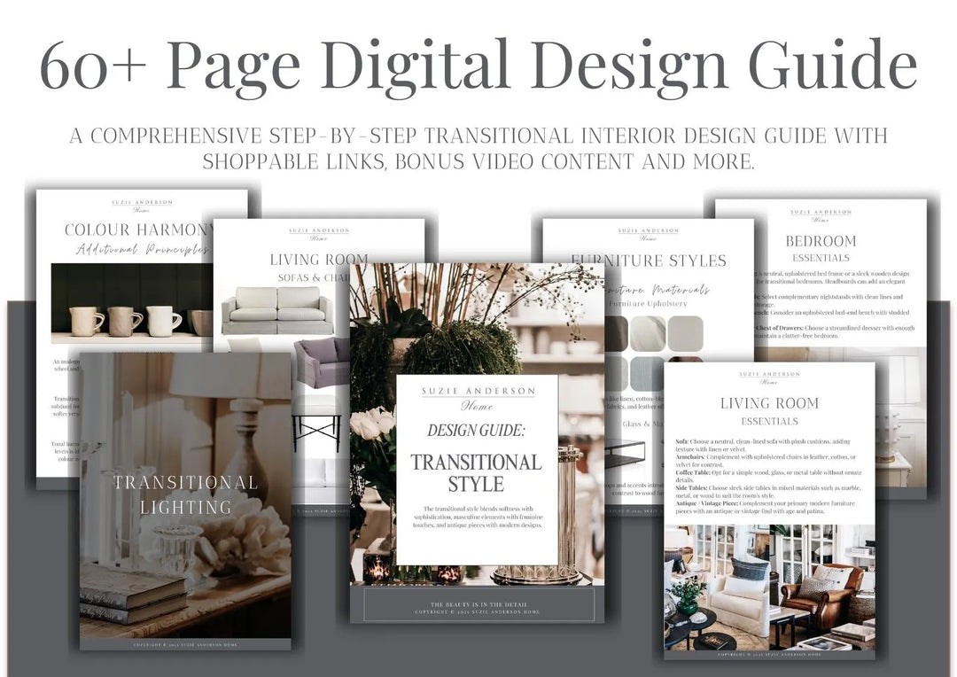 TRANSITIONAL STYLE Interior Design Guide: 65-Page Digital Guide + Shoppable Links, Buying Guides & More