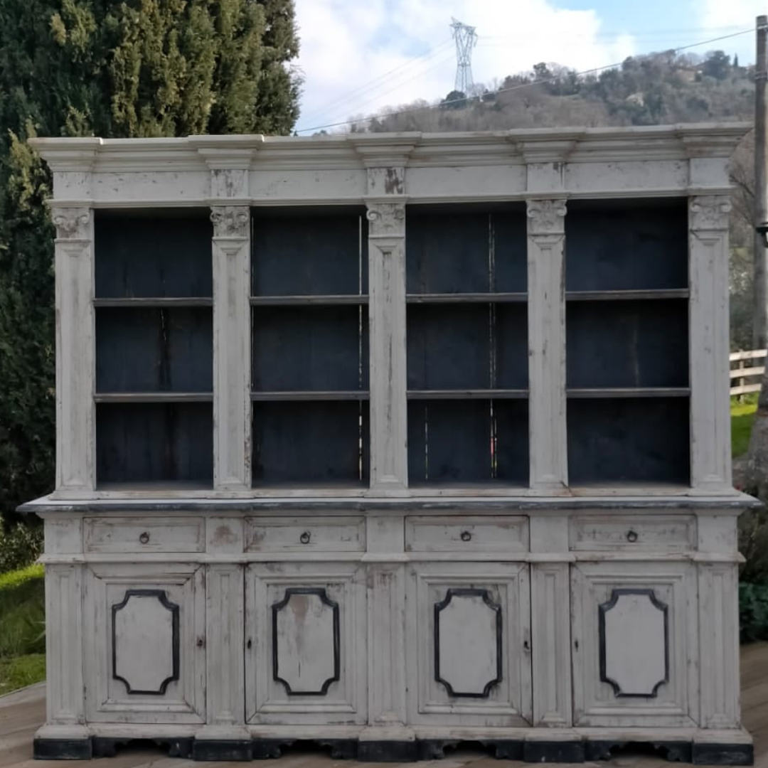 Italian Antique Grand Library Bookshelf | Painted Chestnut Wood | Circa 1895-Suzie Anderson Home