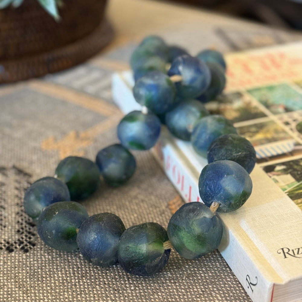 Krobo Ghana | Mottled Glass Bead Decorative Necklace | Blue/Green | Large 30mm-Suzie Anderson Home