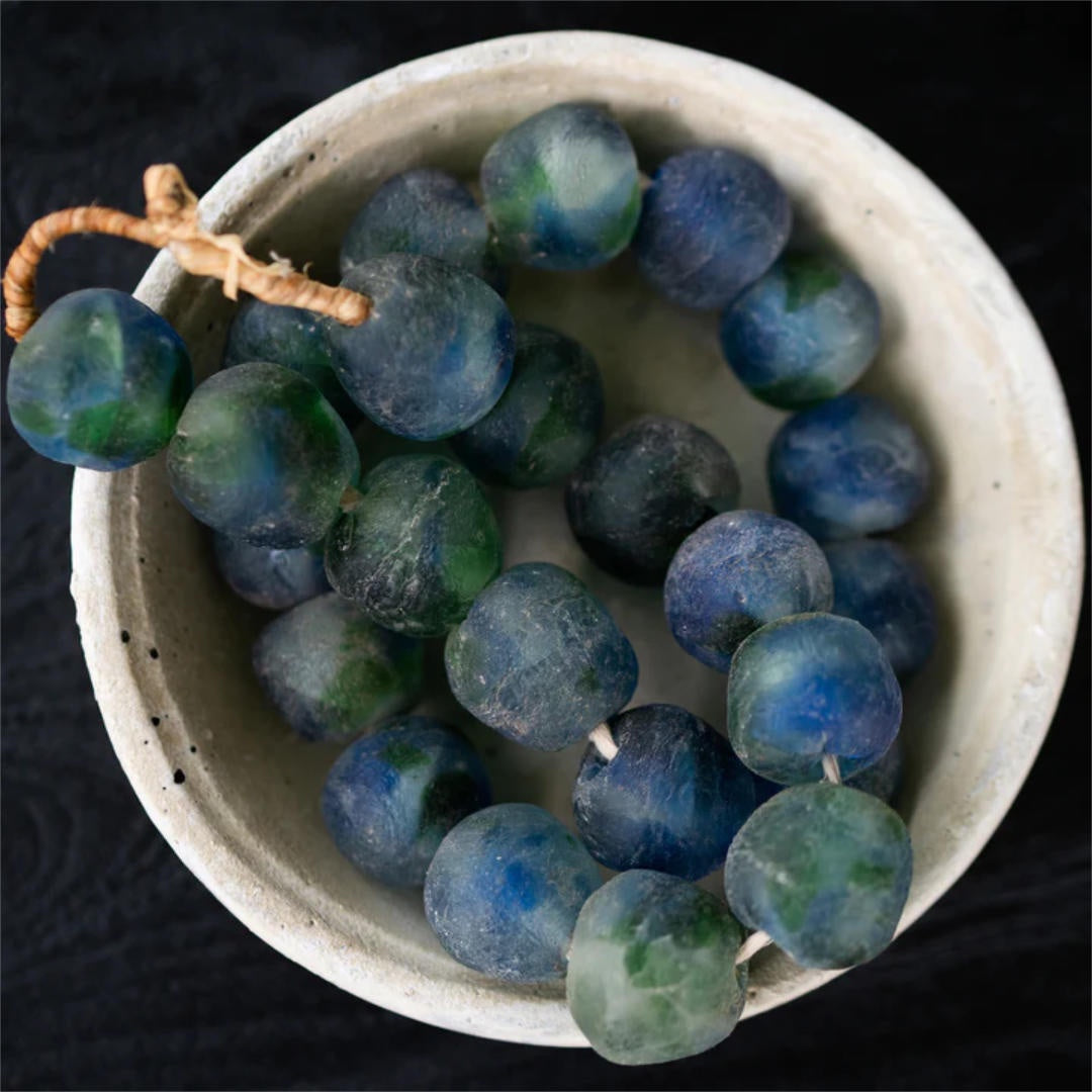 Krobo Ghana | Mottled Glass Bead Decorative Necklace | Blue/Green | Large 30mm-Suzie Anderson Home