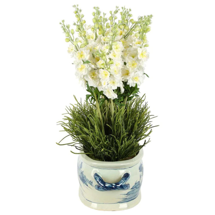 Mandurah Delphinium Flower Arrangement in Blue White Ceramic Pot-Suzie Anderson Home