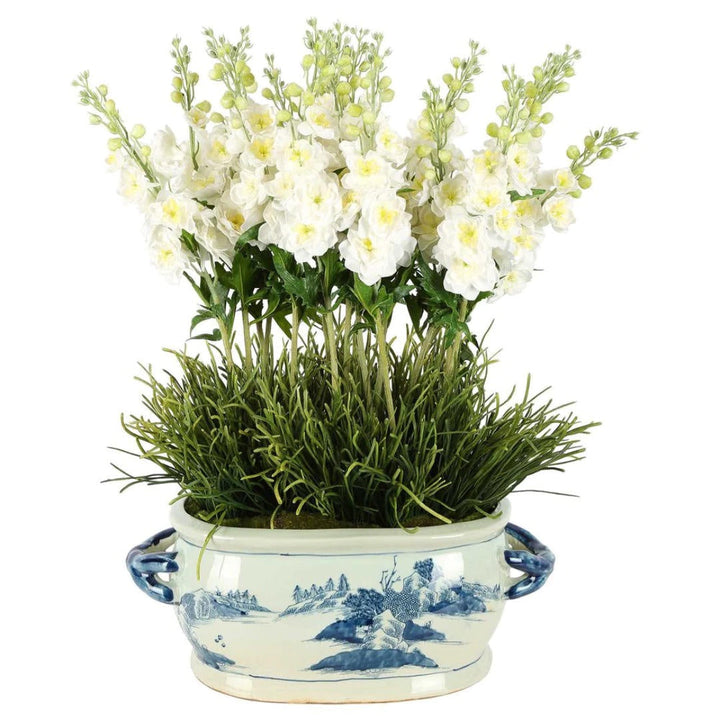 Mandurah Delphinium Flower Arrangement in Blue White Ceramic Pot-Suzie Anderson Home