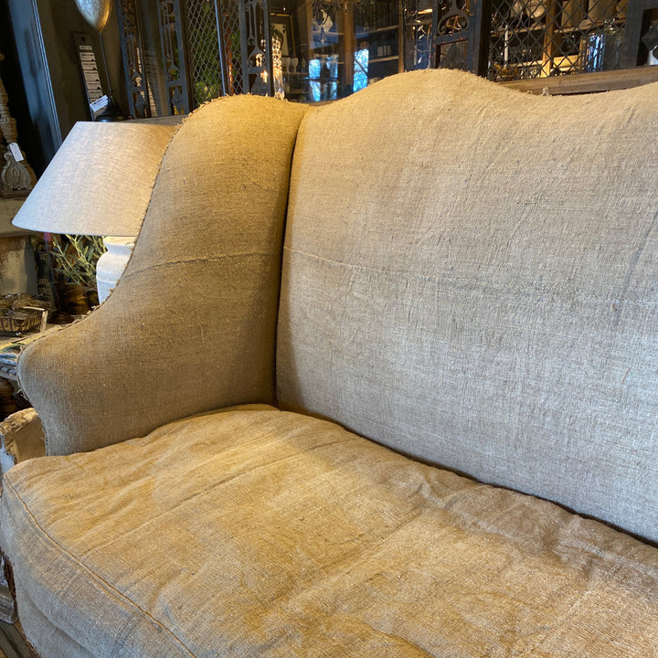 Rare French Provincial Linen Settee | Early 20th Century | Vintage Hopsack Upholstery-Suzie Anderson Home