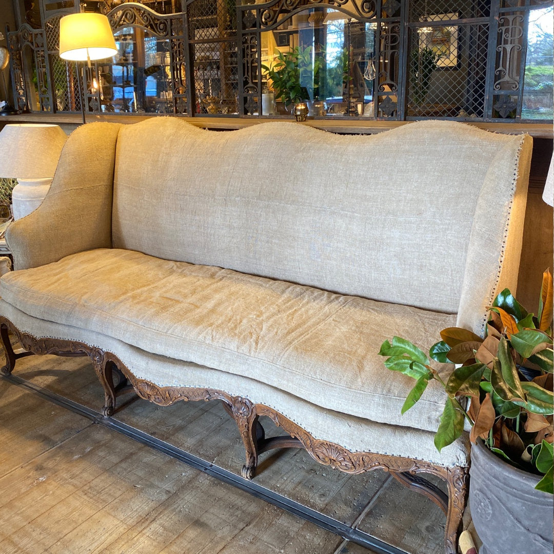 Rare French Provincial Linen Settee | Early 20th Century | Vintage Hopsack Upholstery-Suzie Anderson Home