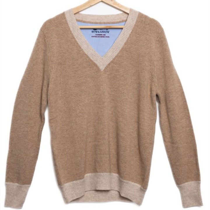 Bow |  Ribbed V Neck Jumper | Cashmere Merino  | Camel with Oatmeal V