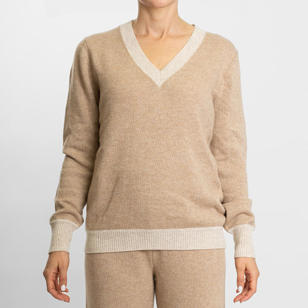 Bow |  Ribbed V Neck Jumper | Cashmere Merino  | Camel with Oatmeal V