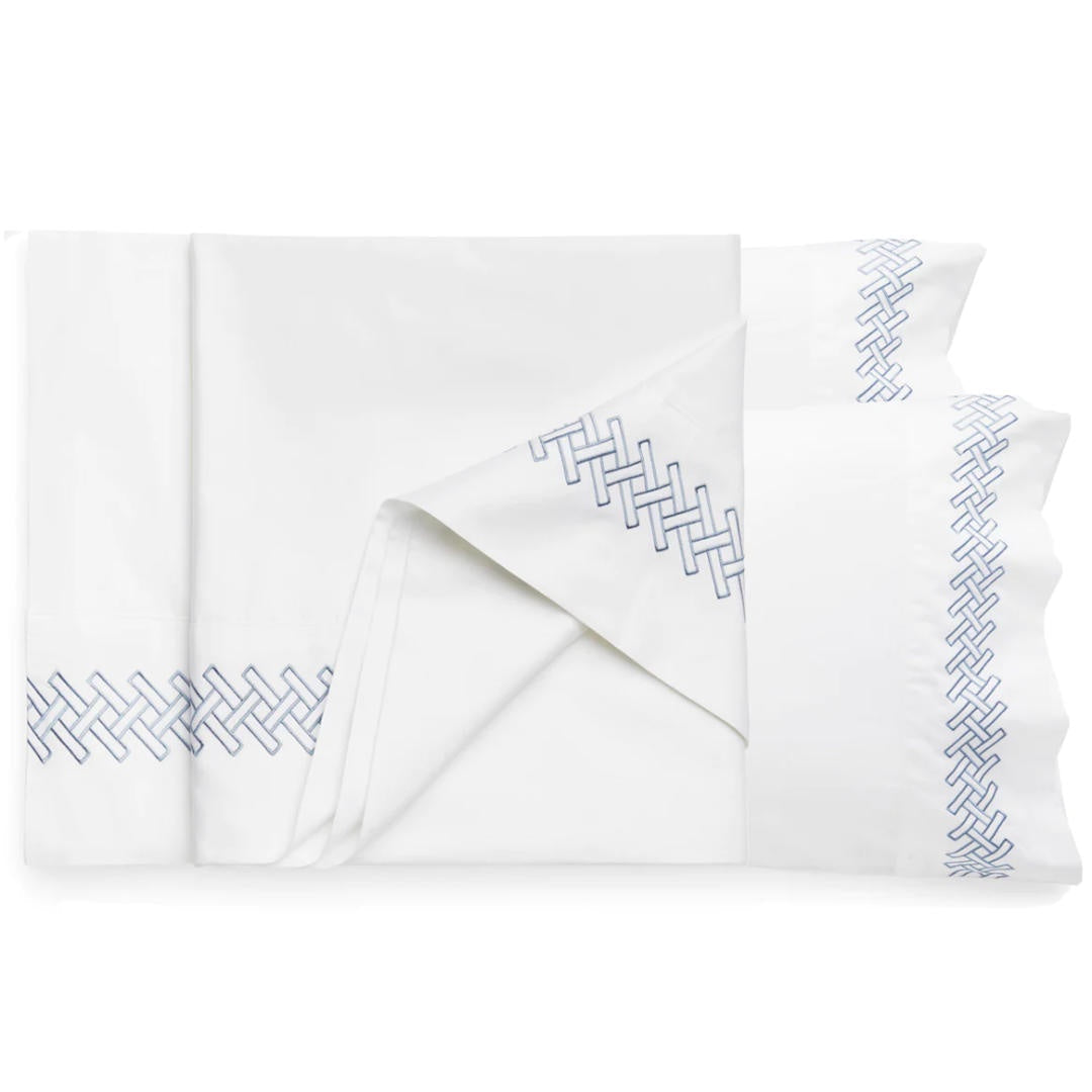 Siena Thatch Design Flat Sheet & Pair of Cuffed Pillowcases | Blue-Suzie Anderson Home