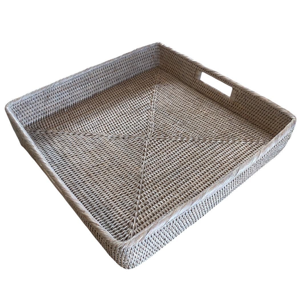 Square Rattan Tray with Inside Handles | White Wash-Suzie Anderson Home