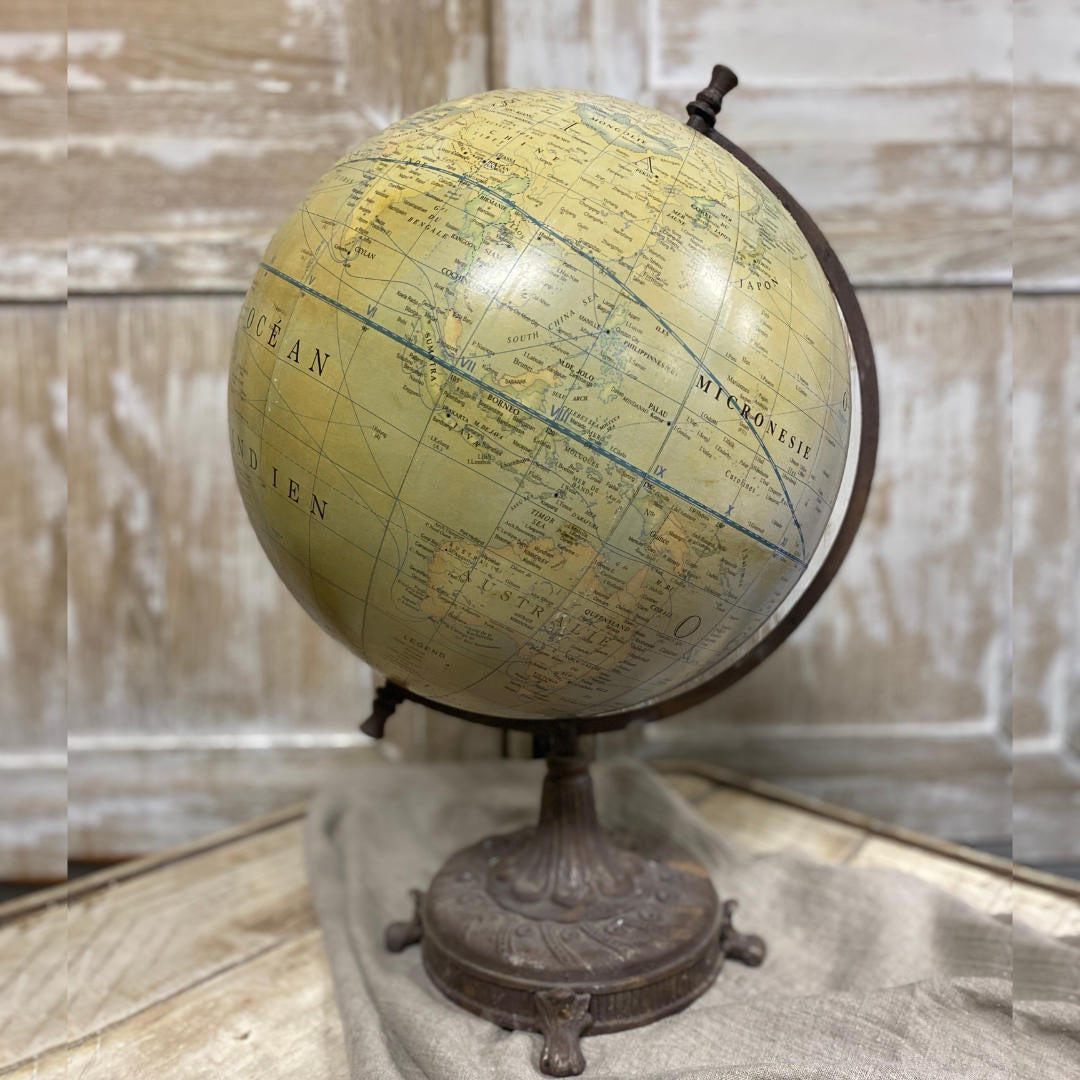 Vintage French World Globe Terrestre | Decorative Cast Iron Base with Lions Paw Feet-Suzie Anderson Home